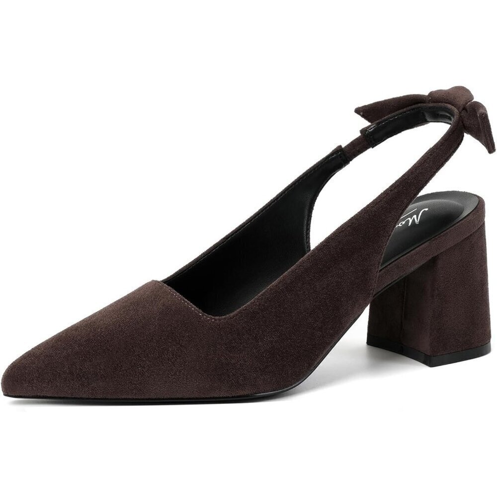 Women's Brown 4 Pointed Closed Toe Slingback Chunky Heels Office Work Pump Shoes